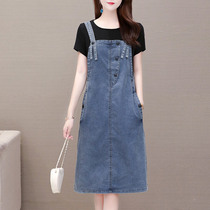 Thin denim strap dress fake two pieces 2021 summer New temperament cover belly thin age fashionable dress