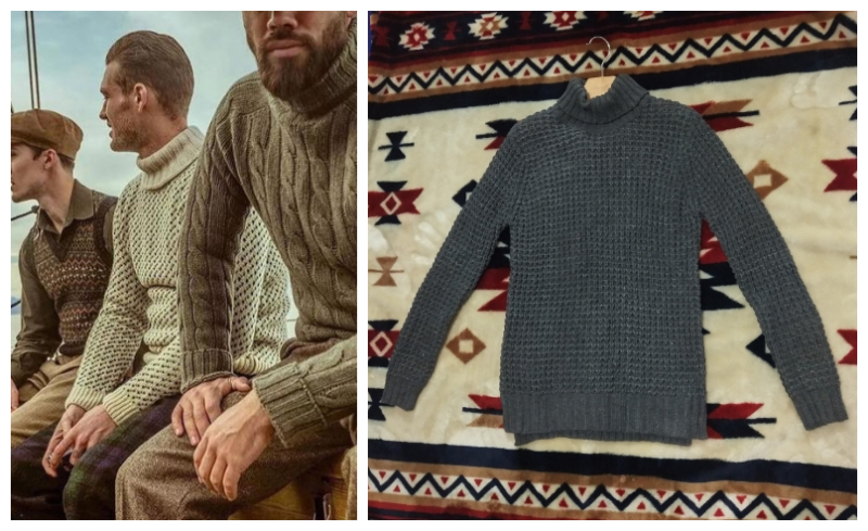 Vintage Fisherman Sweater Gray Cable-Knit Pullover Turtleneck Wool Blend Knitwear