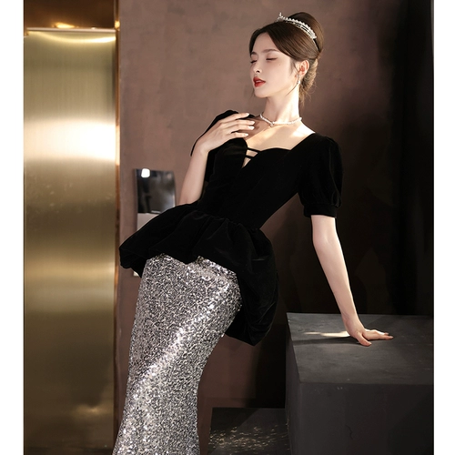 Черное элитное вечернее платье, юбка, французский стиль, изысканный стиль, крой «рыбий хвост»