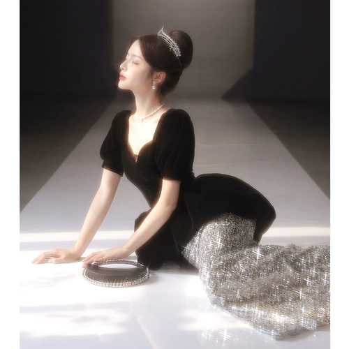 Черное элитное вечернее платье, юбка, французский стиль, изысканный стиль, крой «рыбий хвост»