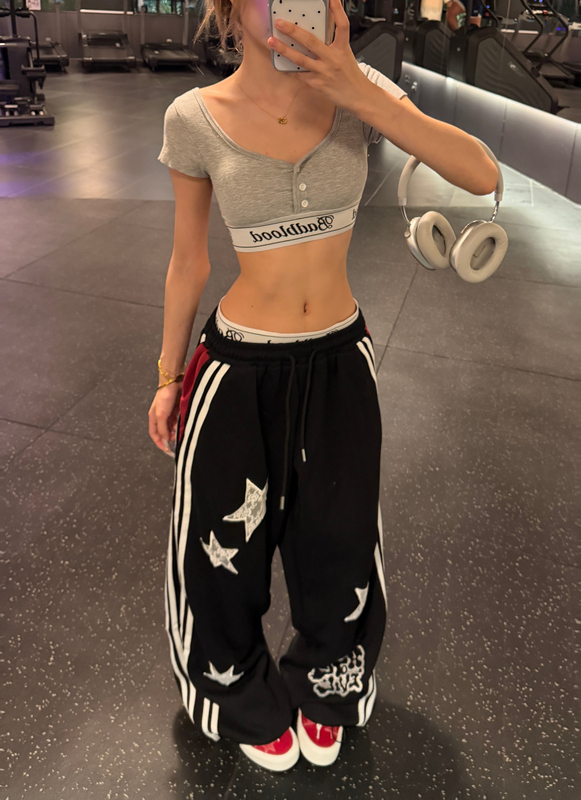 Aiidooly Original New American-Style Short Top + Hot Girl Star Double Stripe Loose Casual Pants Sports Pants for Women