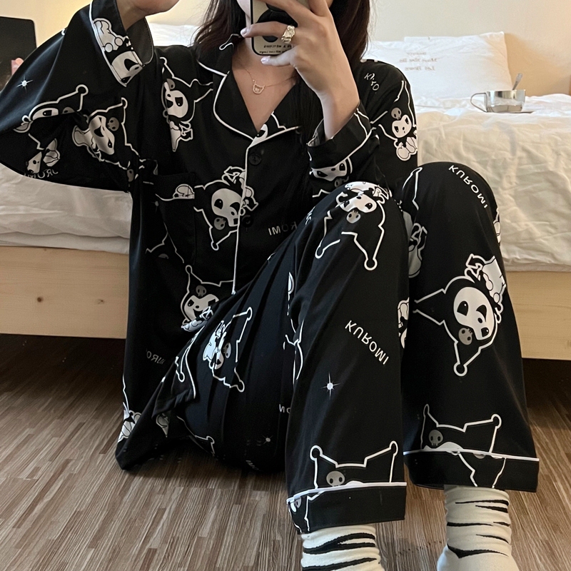 Women's Pajamas, Spring and Autumn Style, Pure Cotton, Long-Sleeved, ins Internet Celebrity Style, 2025 New Black Kuromi Loungewear Set