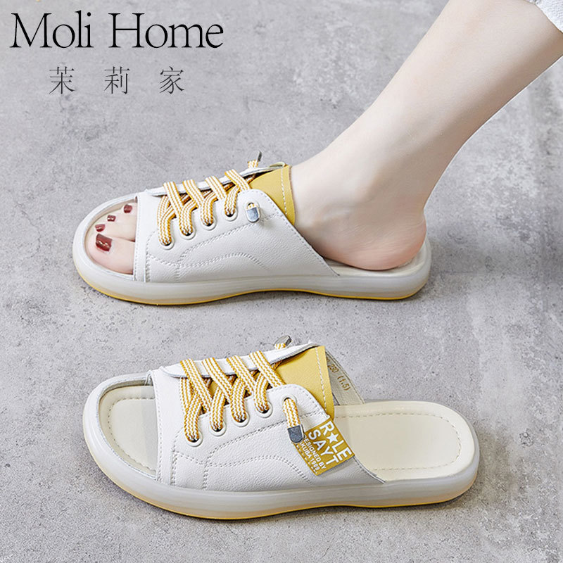Genuine Leather Sandals for Women 2026 New Summer Non-Slip Soft Sole Mom Half-Slip Rubber Sole Casual Slip-On Outdoor Wear
