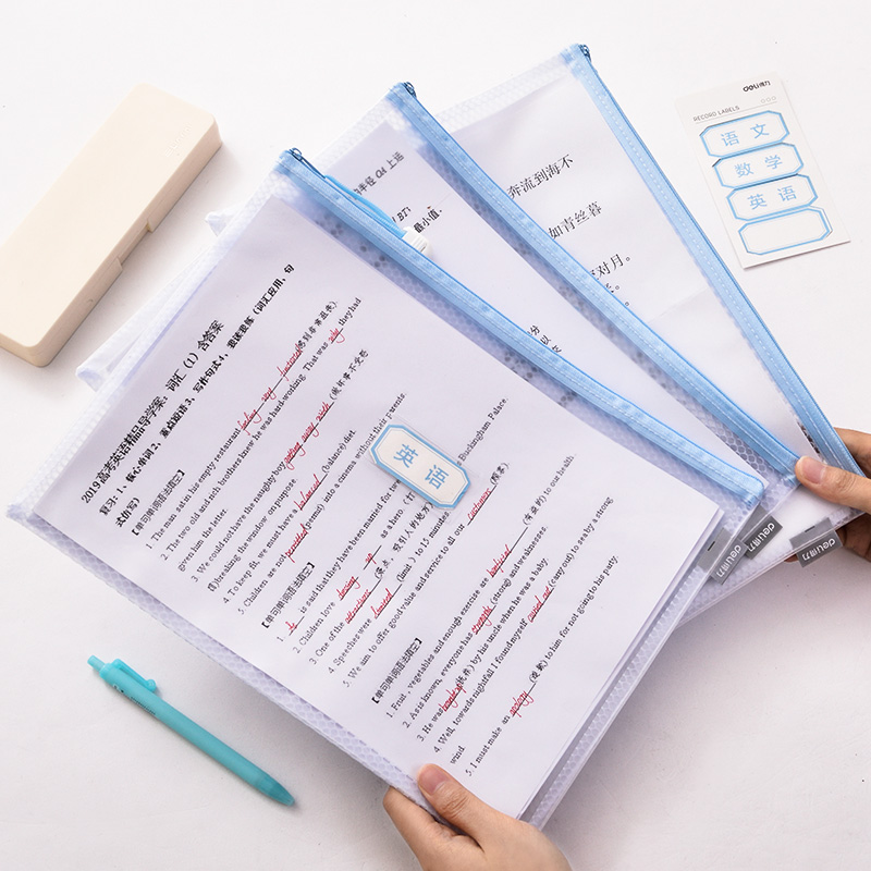 Deli A4 document bag language number English zipper grid bag elementary school student subject bag classification finishing waterproof packing roll large capacity tuition bag PVC frosted material grid bag 72589