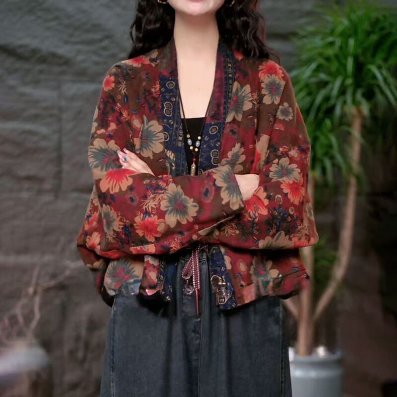 Reversible Loose-Fitting Stylish Long-Sleeve 2025 Autumn Short Jacket Printed Cardigan Top Slimming Artistic Ethnic Style Reversible Loose-Fitting Stylish Long-Sleeve 2025 Autumn Short Jacket Printed Cardigan Top Slimming Artistic Ethnic Style