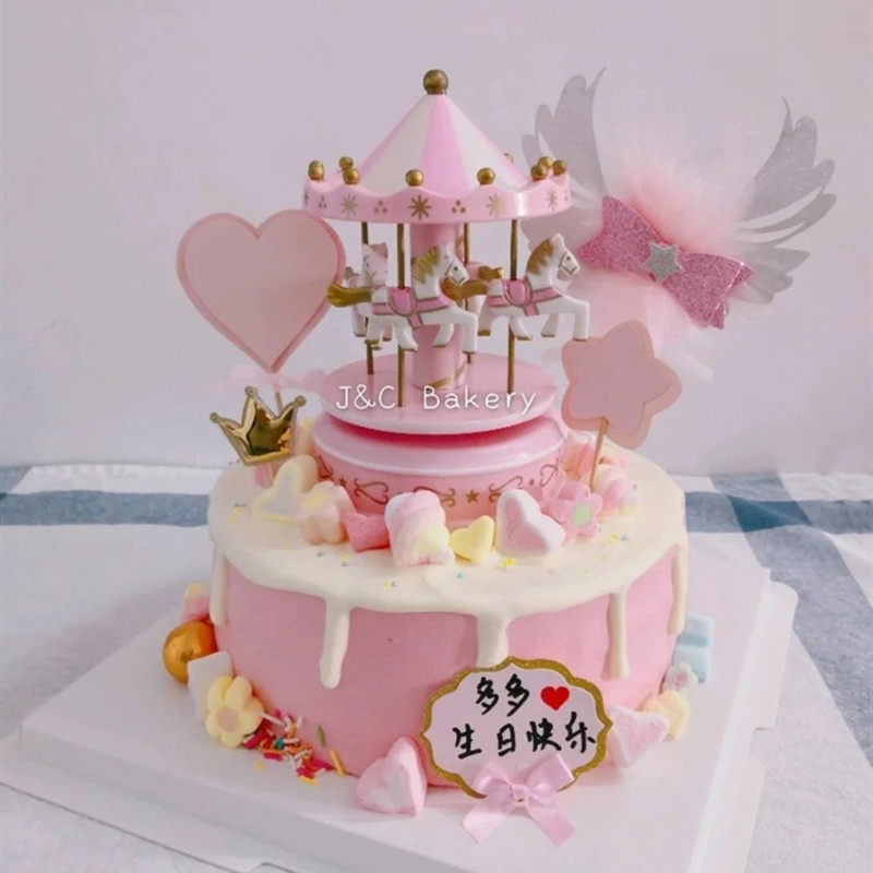 Birthday Cake Decoration Carousel Music Box Children's Birthday Gift Cake Decoration Dessert Table Decoration Plug-in