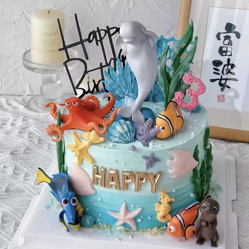 海底世界总动员蛋糕装饰：小丑鱼、乌龟、螃蟹、八爪鱼，点亮孩子的奇幻生日派对！