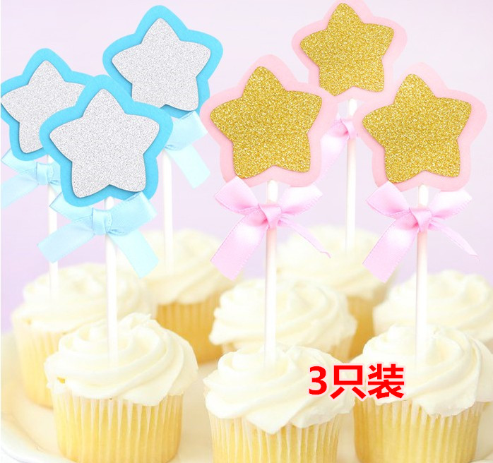 Cake decoration sparkling little star Glitter double pink blue bow five pointed star birthday cake insert 3 pieces