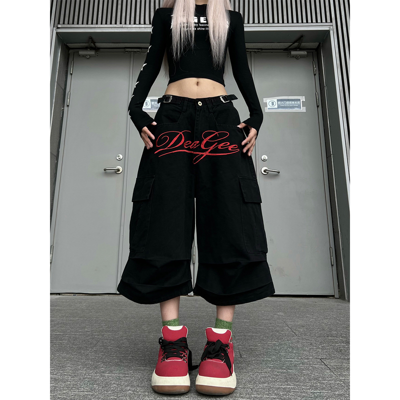 Tr Brushshift American Letter Embroidery Workwear Cropped Pants Unisex Street Style Loose Pleated Wide-Leg Shorts Tr Brushshift American Letter Embroidery Workwear Cropped Pants Unisex Street Style Loose Pleated Wide-Leg Shorts