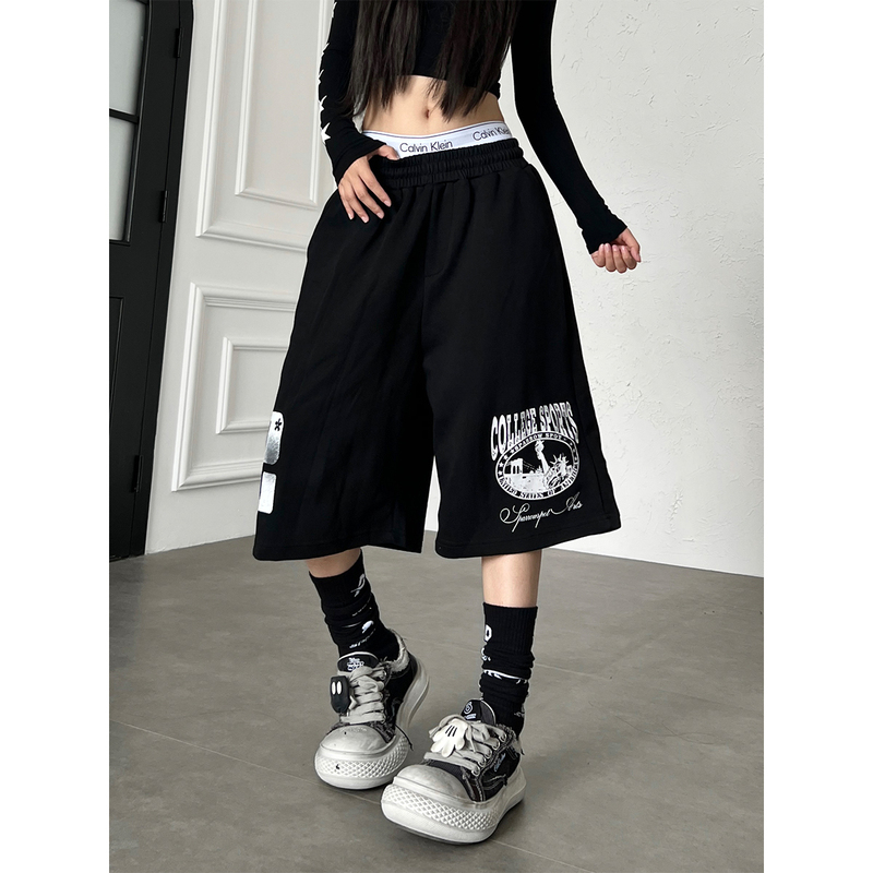 Tr Brushshift American Street Style Letter Print Casual Cropped Pants Loose Elastic Waist Wide-Leg Shorts Summer