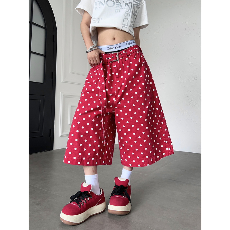Tr Brushshift American Street Style Polka Dot Belt Denim Canvas Jeans Straight Fit Cropped Pants