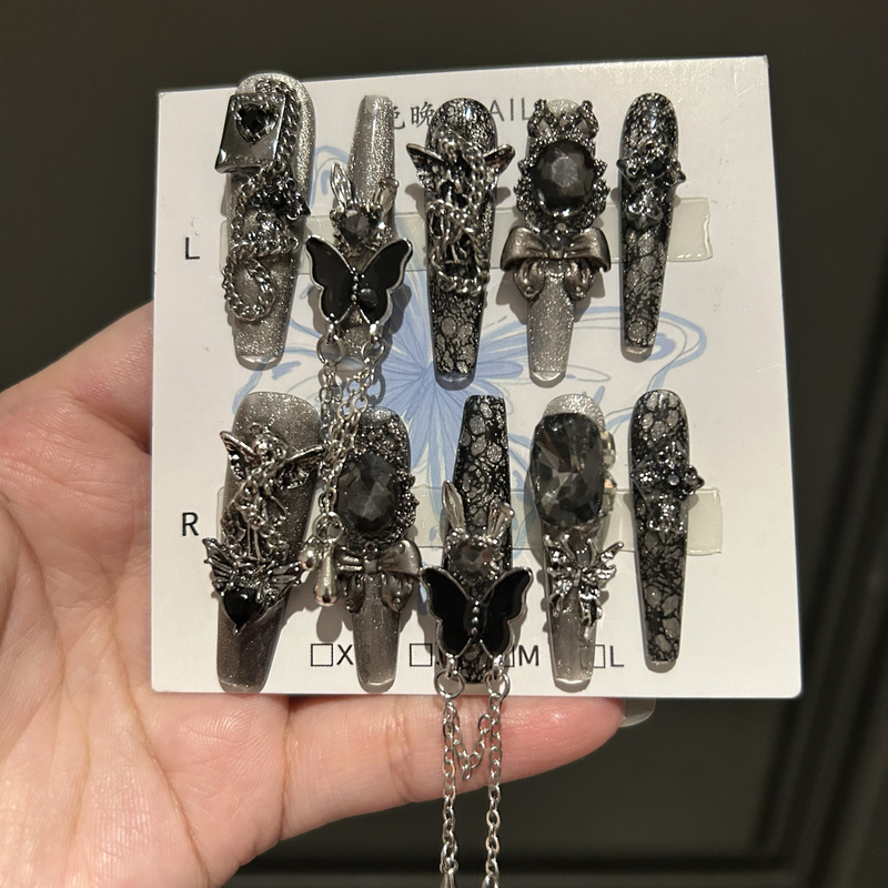 Deep Abyss Cool Cat Eye Manicure Handmade Wearable Nails Enchanting Aura Snake Pattern Purple Gemstone Tassel Brightening Deep Abyss Cool Cat Eye Manicure Handmade Wearable Nails Enchanting Aura Snake Pattern Purple Gemstone Tassel Brightening