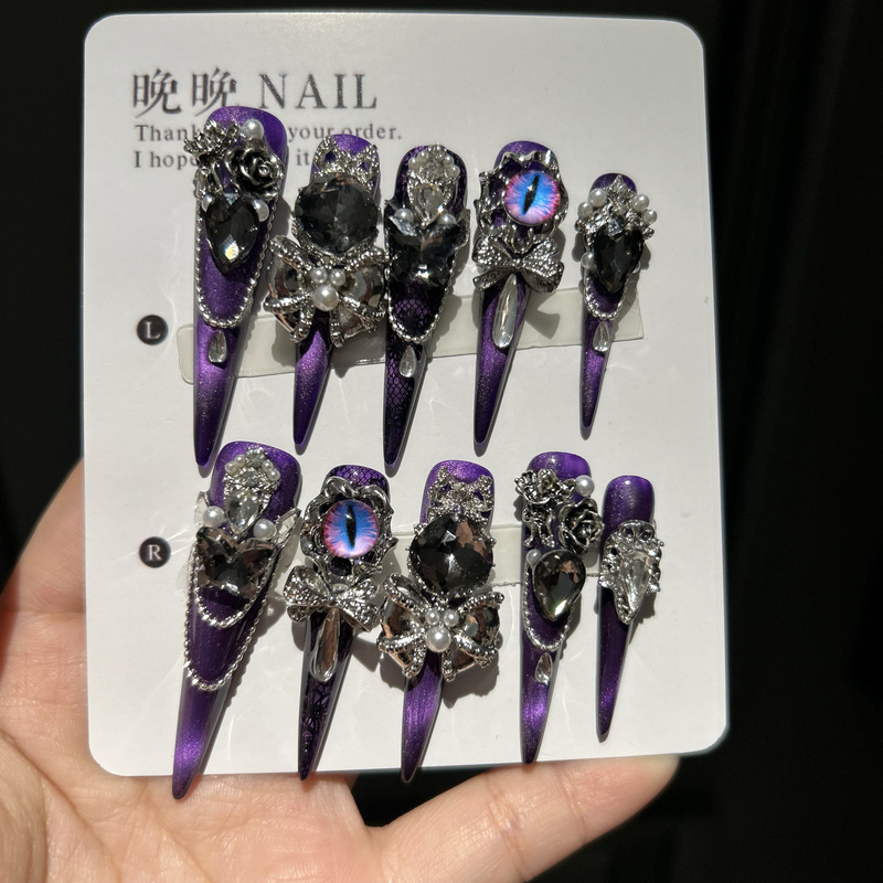 Ziyun Pure Handmade Original Wearable Purple Light Luxury Trendy European and American New High-End Nail Art That Enhances Complexion French Cat Eye