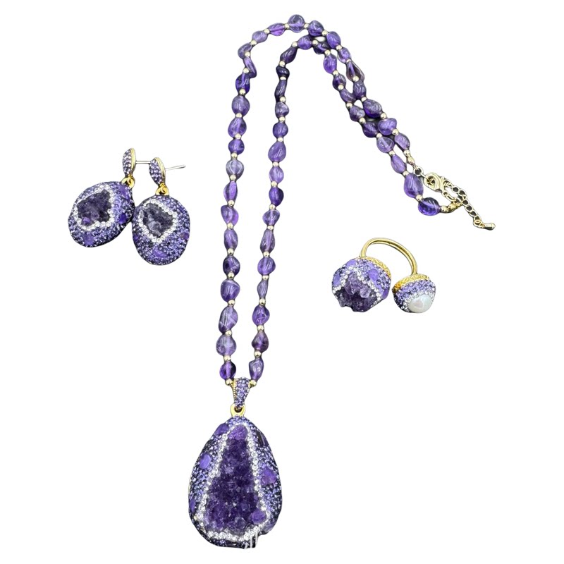 Natural amethyst cluster amethyst necklace ring earrings