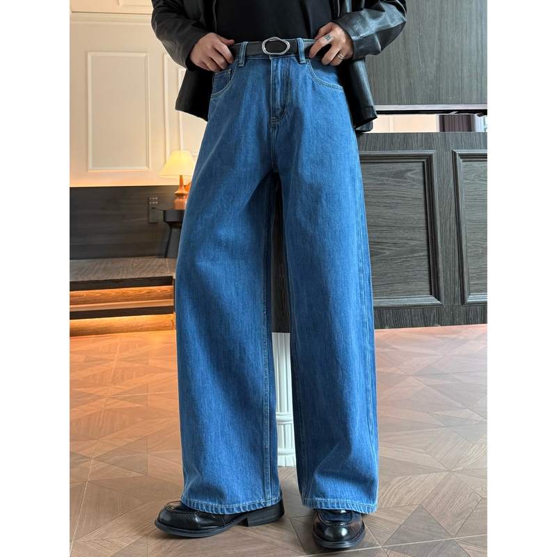 Closeathand Korean Style High-End Selvedge Blue Jeans for Men, Versatile Casual Dark Blue Straight Wide-Leg Trousers
