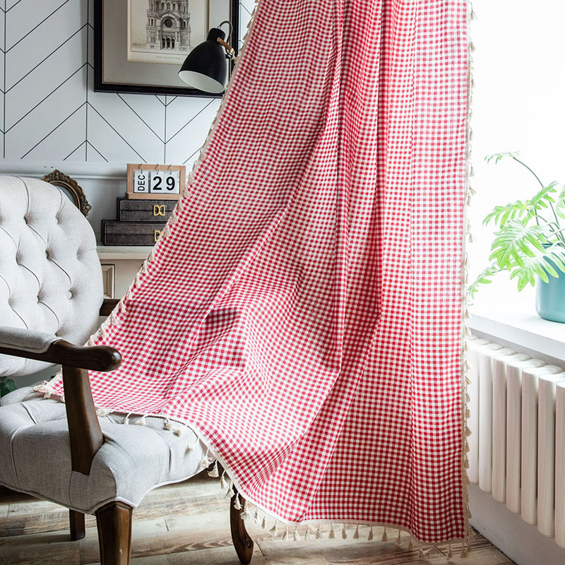 Korean-Style Fresh Red Plaid Cotton-Linen Tassel Curtains, Ready-Made Semi-Blackout Small Window Kitchen Curtains, Bay Window Door Curtains