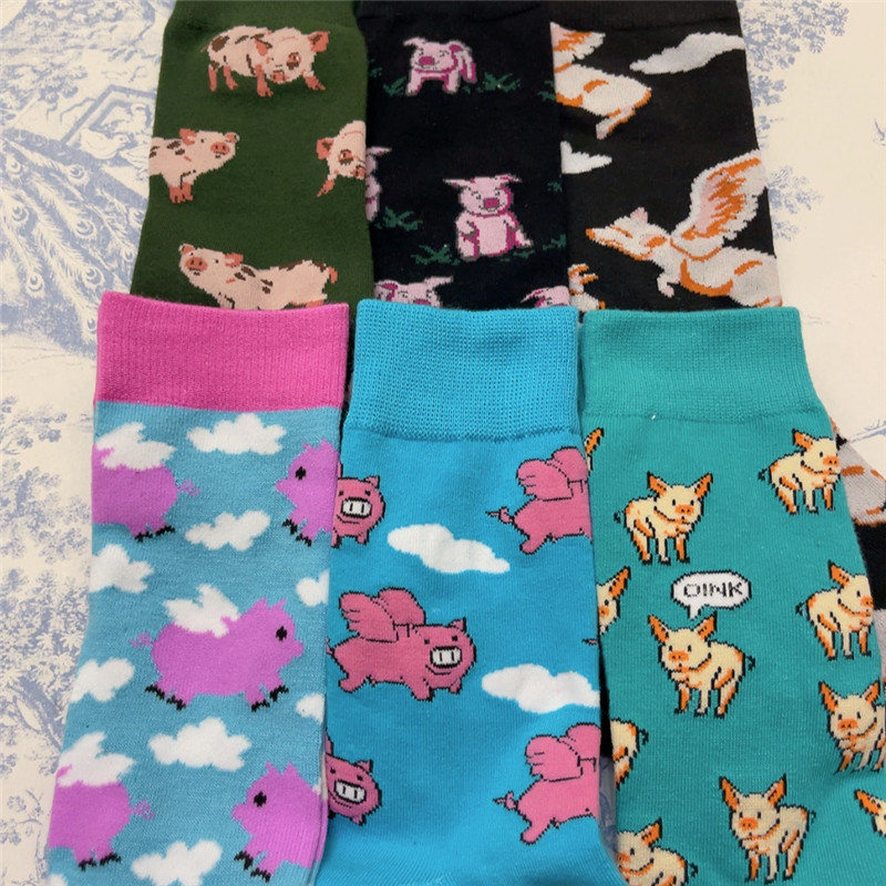 Cute Flying Pig Cartoon Pink Mid-Calf Socks with Angel Wings Pink Pig Kitten