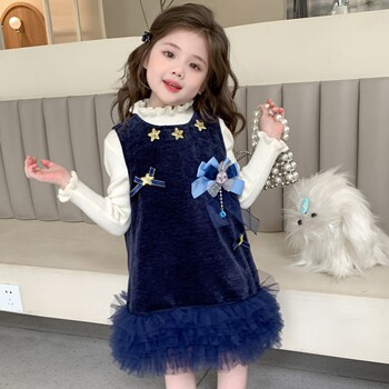 Girls' Rabbit Police Officer Korean Style Vest Dress Two-Piece Set Spring, Autumn, Winter Princess Dress Stylish Baby Girl Dress Set