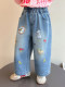Girls' Cartoon Embroidered Jeans, New Spring and Autumn Style, Versatile Straight-Leg Pants for Children, Korean Style Loose Wide-Leg Pants