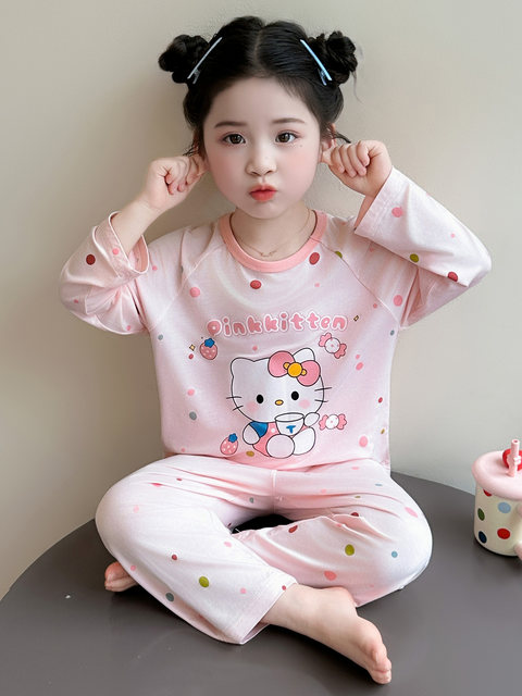 Girls' Cartoon Hello Kitty Pajamas, Kidsren's Spring and Summer Modal Home Clothes, Thin Set, Cute Air-Conditioned Clothes