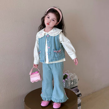 Girls' Denim Suit, Children's Spring and Autumn New Style, Fashionable Baby Doll Shirt, Vest, and Flared Pants Three-Piece Set