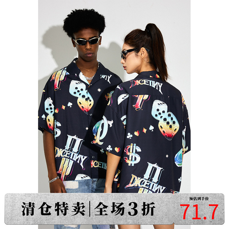 Dicetiny Dice Logo All over Printed Cuban Collar Short-Sleeved Shirt Men's Summer New American Fashion Brand Street Top