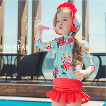 2018 new Korean childrens swimsuit girl split skirt three-piece swimsuit swimming cap micro-business cross-border