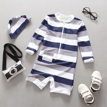  Korean childrens swimsuit Boy boy baby small fresh striped quick-drying anti-UV sunscreen one-piece surfing suit set