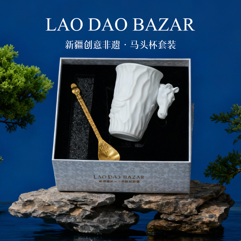Xinjiang Tianma White Porcelain Cup, Dombala Musical Instrument Spoon, Souvenir, High-End Commemorative Business Office Cup and Spoon Set Gift Box