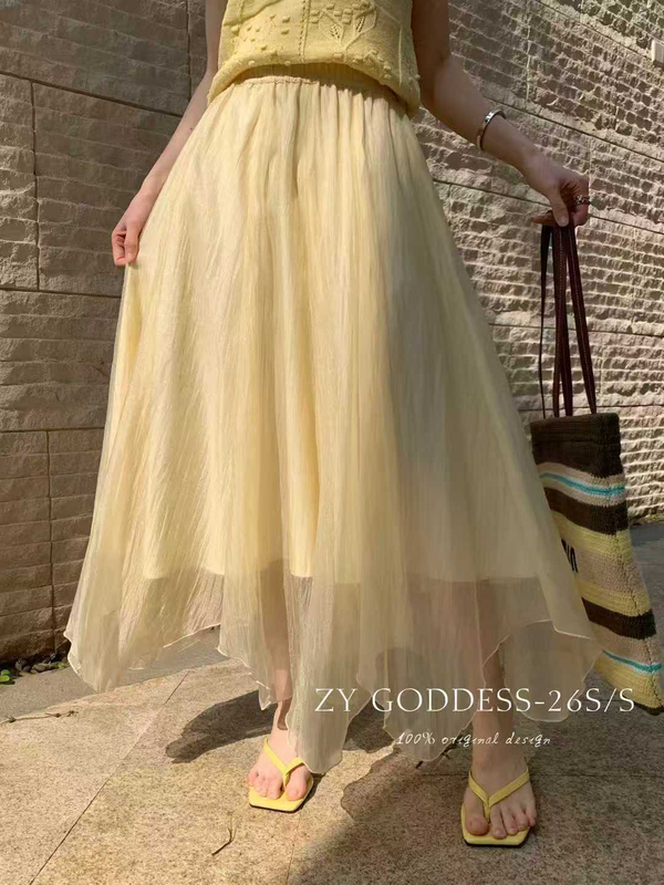 Zy Goddess's Beautiful Design Sheer Skirt 2026 Spring and Summer Fluffy and Ethereal Drapey Pleated Long Skirt