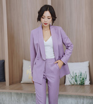 Spring new fragrant taro purple double-breasted green fruit collar suit suit slim female fashion temperament goddess wear suit
