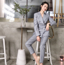 Spring and Autumn New Fashion Slim Double Breasted Gray Suit Simple British Event Host Temperament Small Suit Set