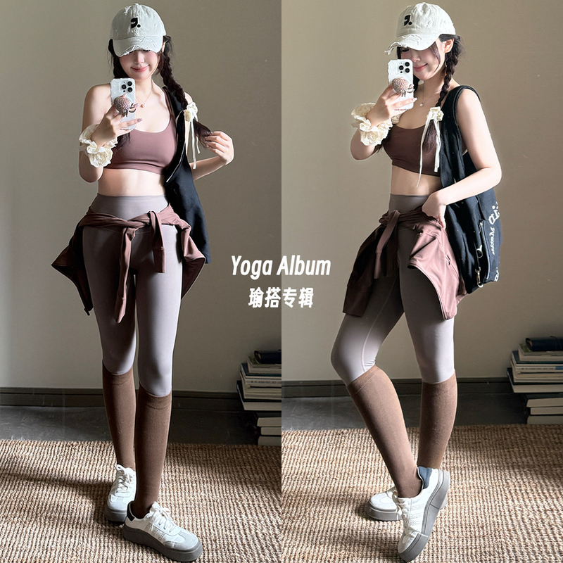 Dark Brown Yoga Pants, Chestnut-Colored Sports Bra Set, High-Waisted Pants, Butt-Lifting, Shaping, Shockproof, Anti-Sagging