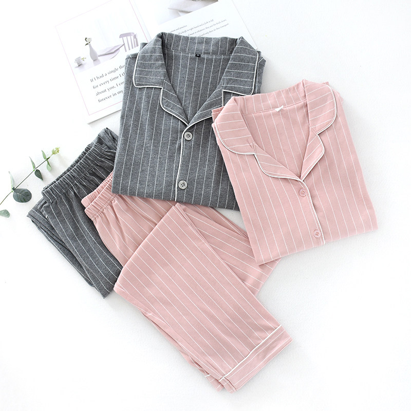 2022 Spring Autumn New Japan Style Couple's Home Suits Suit All-pure Cotton Pyjamas Men And Women Long Sleeve Long Pants Turning Knitwear