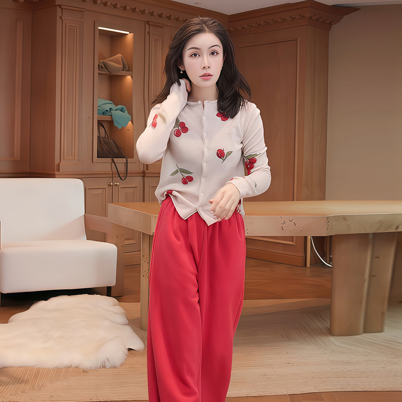 Hdd- "Red Cherry" Wool Women's Vintage Jacquard Relaxed Knit Cardigan Sweater Y3895 Hdd- "Red Cherry" Wool Women's Vintage Jacquard Relaxed Knit Cardigan Sweater Y3895
