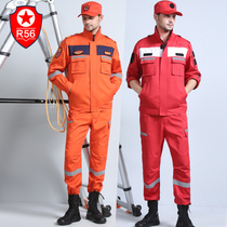 Service de secours durgence en rouge coton polyester antistatique long manche réfléchissant vêtement extérieur pour la formation dans le service de sauvetage en eau sismique