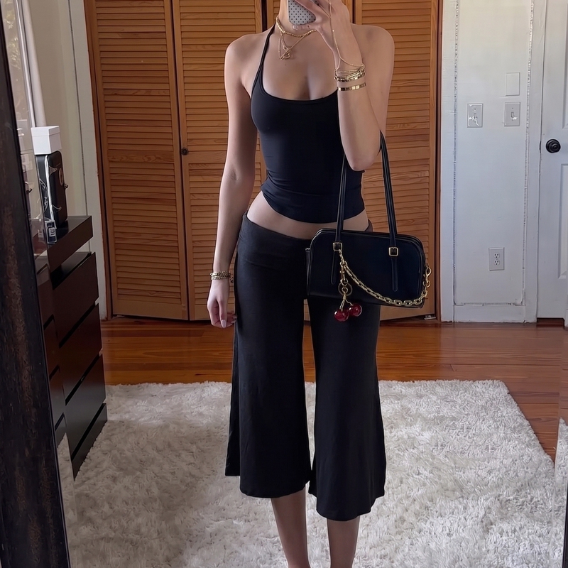 Gusty Street Style American Hot Girl Casual Black Straight-Leg Pants Women's Summer Loose Wide-Leg Pants Cuffed Cropped Pants