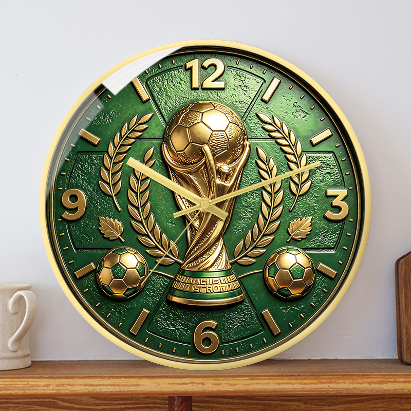 Green Football World Cup Trophy Silent Quartz Clock, Light Luxury Gold Replica Embossed Wall Clock for Men's Bedroom or Stadium