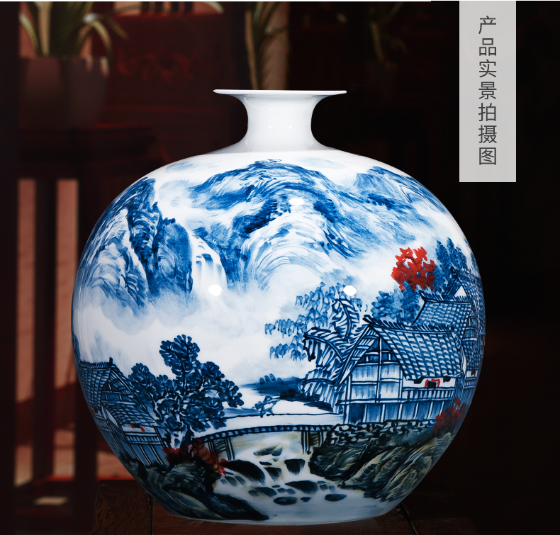 Jingdezhen ceramics vase masters hand draw colorful landscape of pomegranates of blue and white porcelain bottle Chinese sitting room adornment is placed