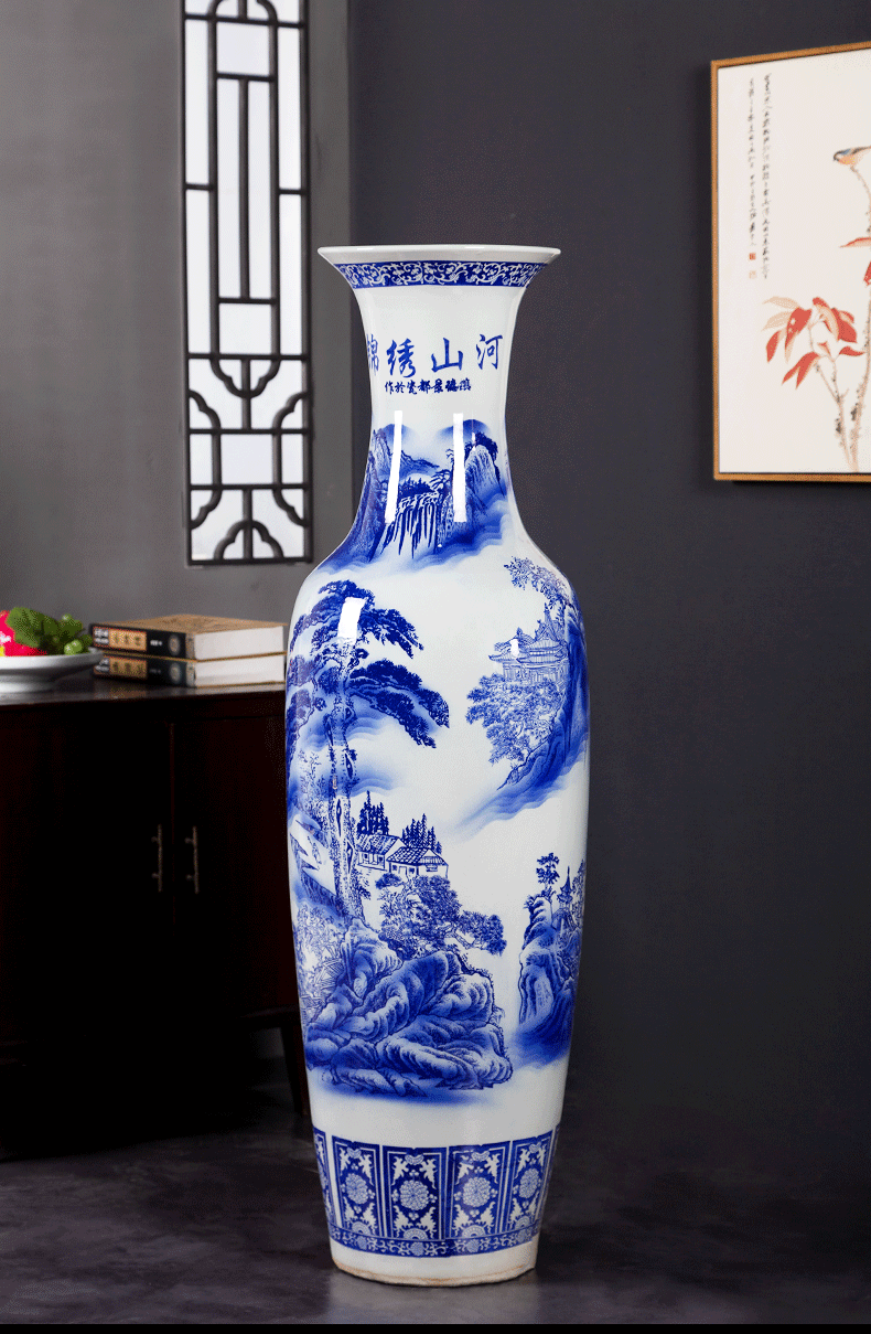 Jingdezhen ceramics landscape painting of large blue and white porcelain vase to heavy sitting room adornment is placed large hotel