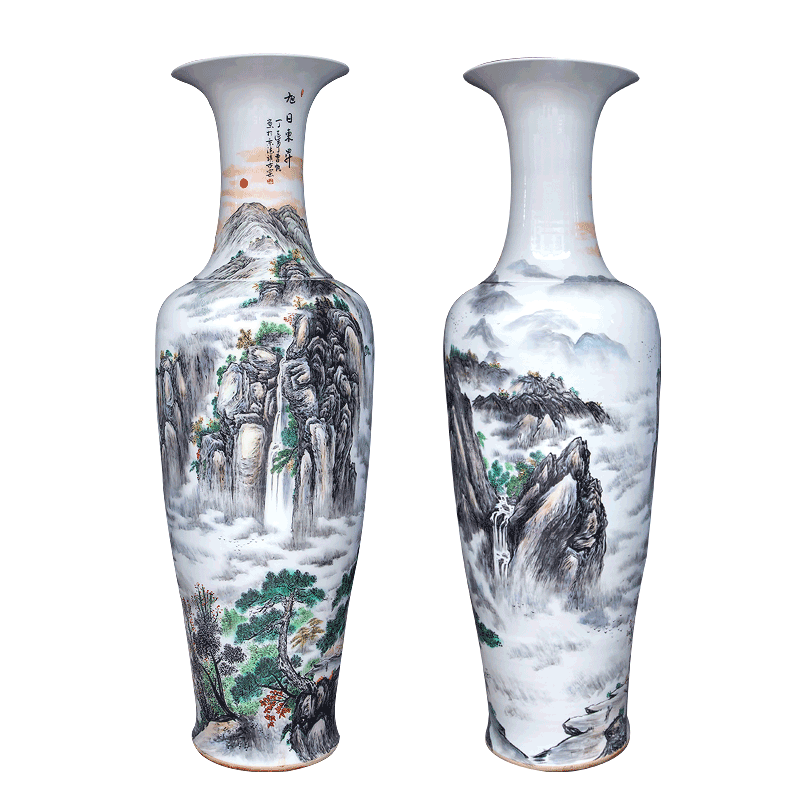 Jingdezhen ceramic hand - made sunrise landscape big vase landing place, Chinese style decoration to the hotel a large living room