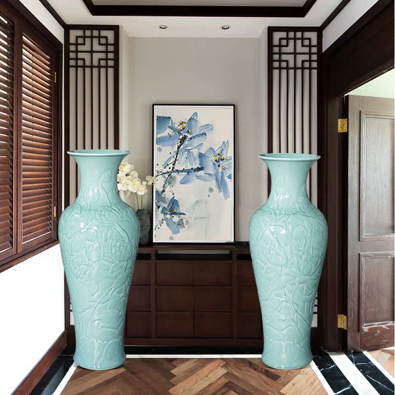 Jingdezhen ceramics shadow blue glaze hand - carved restoring ancient ways of large vases, flower arrangement home furnishing articles large living room