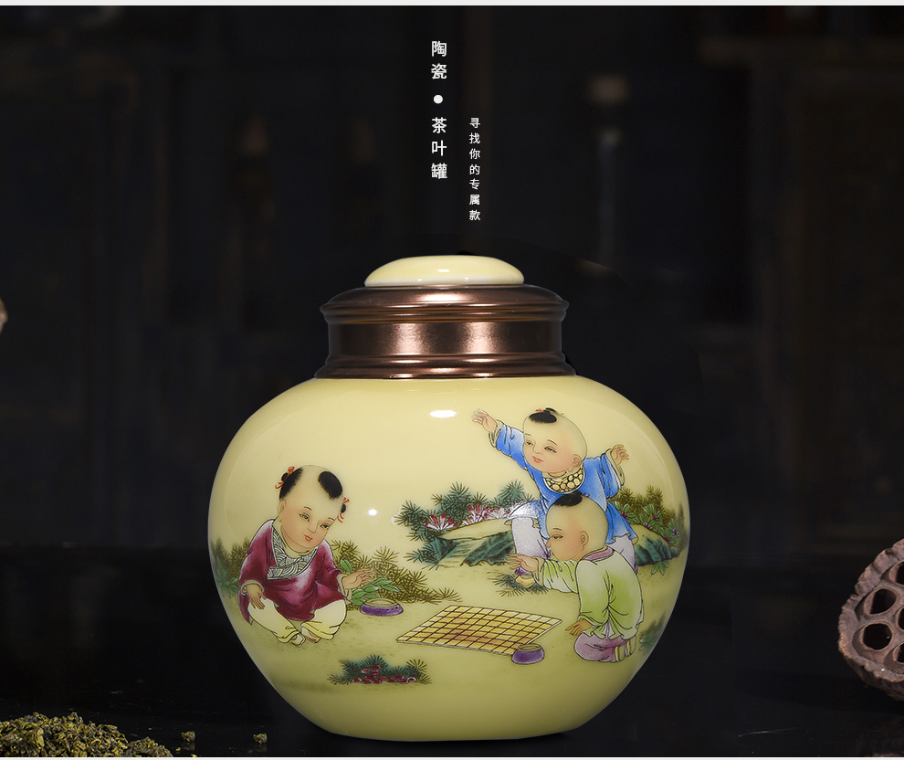 Let 's have fun on yellow background figure with cover caddy fixings alloy cover jingdezhen ceramic POTS, moisture - proof seal storage tank tea