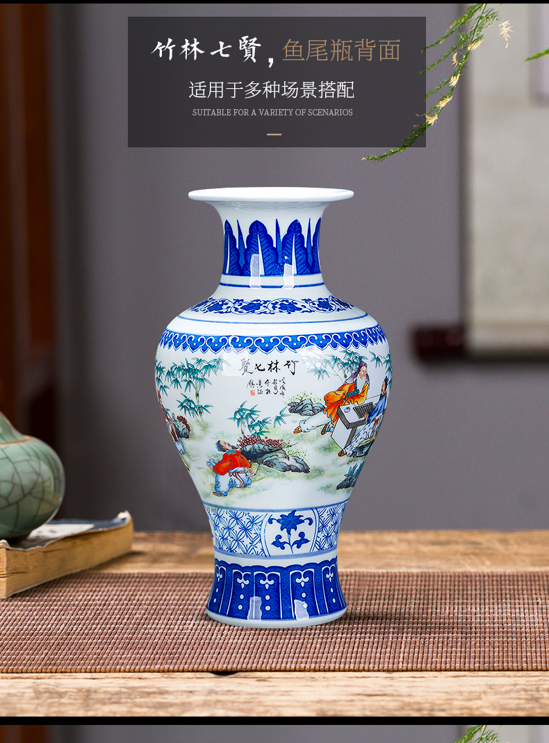 Jingdezhen ceramics bucket color blue and white porcelain vases, flower arrangement of Chinese style living room home decoration rich ancient frame furnishing articles