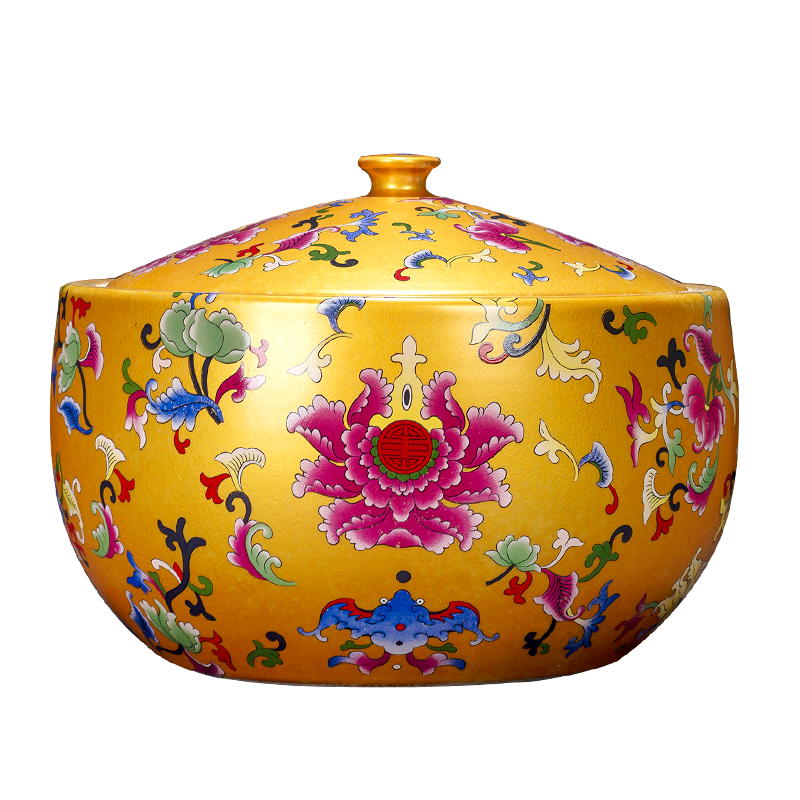 Jingdezhen ceramic tea canister barrel with cover household antique Chinese colored enamel sealing cornucopia storage tank