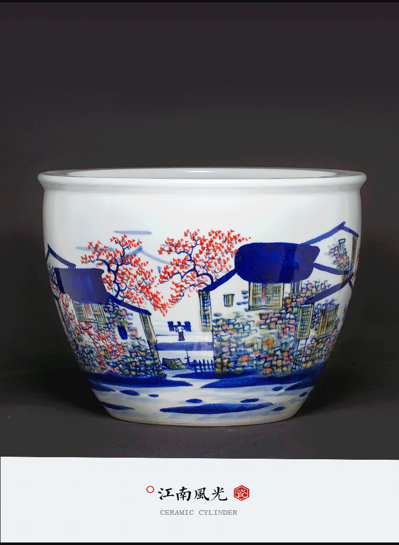 Jingdezhen ceramics aquariums large antique blue - and - white hand - made scenery household is suing big lotus lotus basin