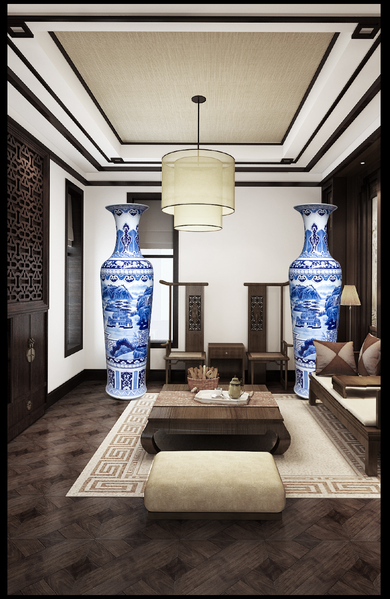 Jingdezhen ceramics of large blue and white porcelain vase landscape figure fishtail bottles of sitting room furnishing articles furnishing articles hotel decoration