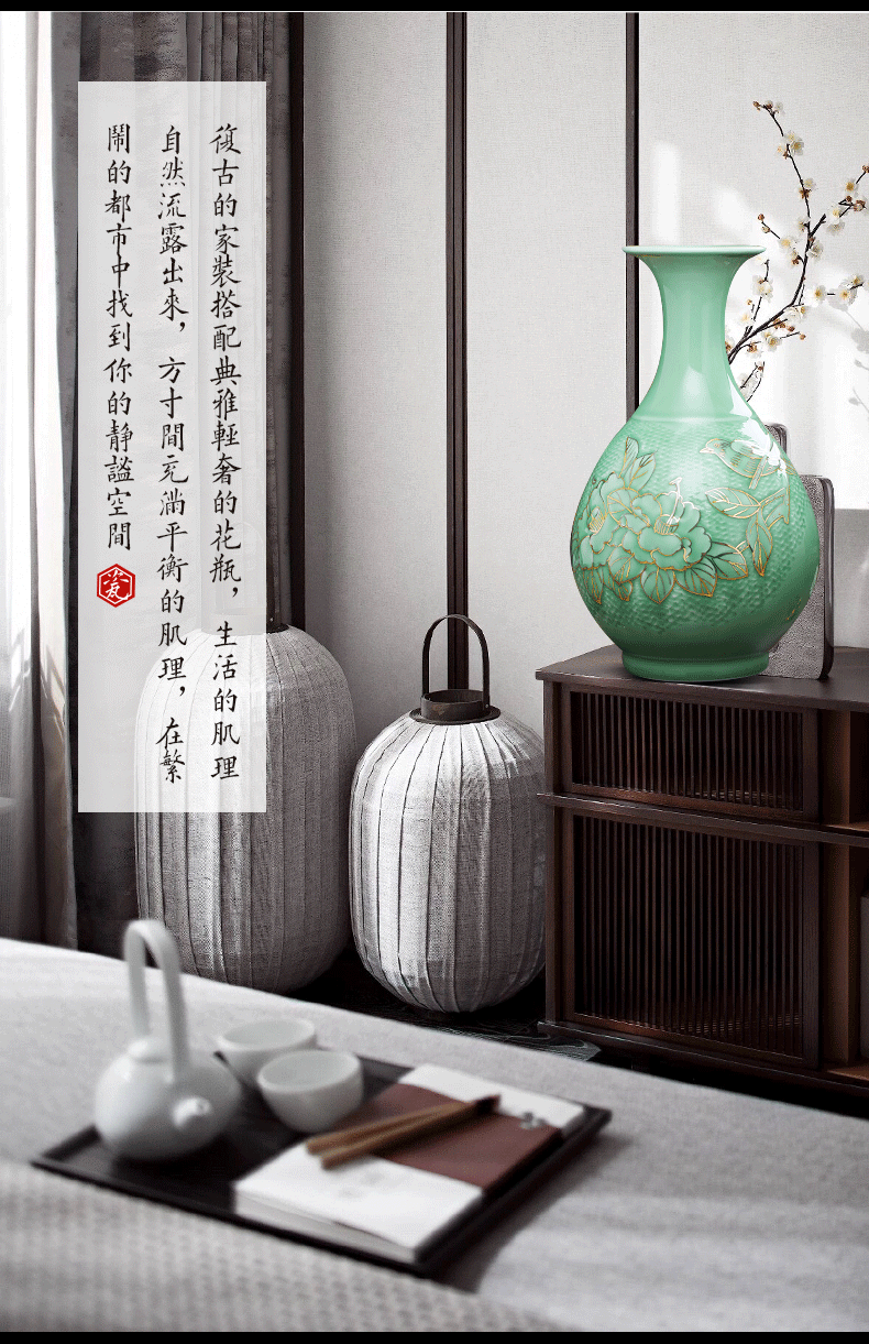Jingdezhen masters ceramics vase and furnishing articles flowers sitting room of Chinese style household adornment green paint peony