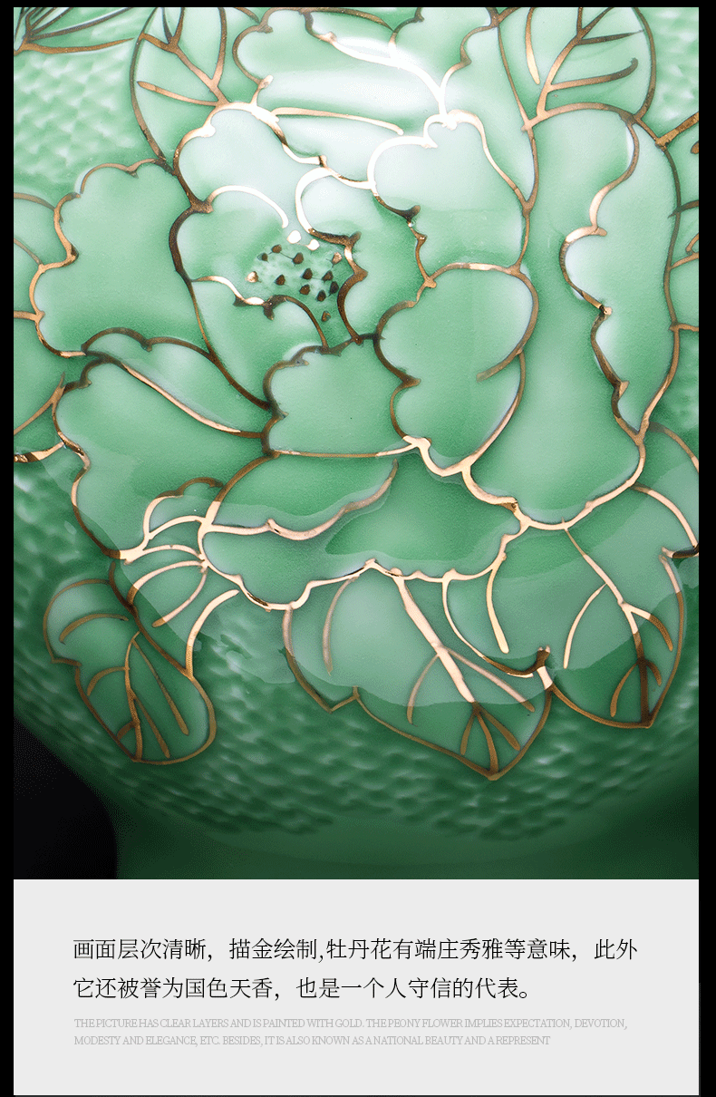 Jingdezhen masters ceramics vase and furnishing articles flowers sitting room of Chinese style household adornment green paint peony