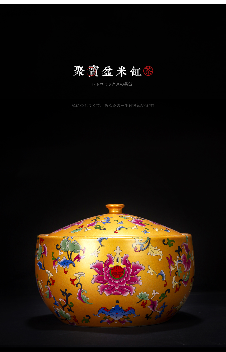 Jingdezhen ceramic tea canister barrel with cover household antique Chinese colored enamel sealing cornucopia storage tank